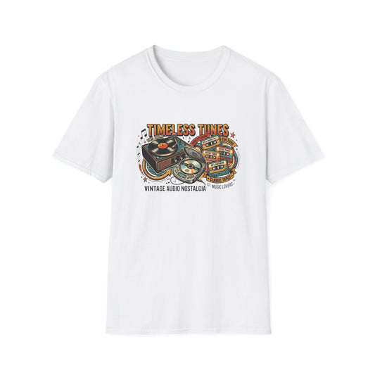 Timeless Tunes Vintage Audio T-Shirt — Retro Record Player & Cassette Design
